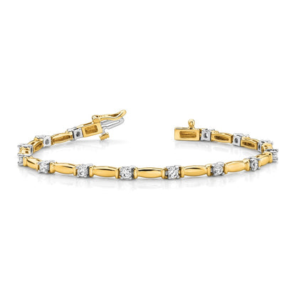 14K Two Tone Complete 1 Carat Round Aaa Diamond Curved Bar Link 7 Inch Tennis Bracelet