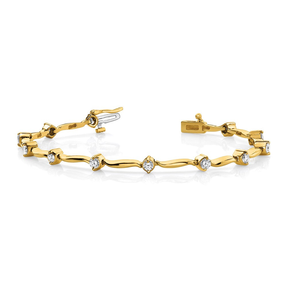 14K Yellow Gold Complete 1 Carat Round Vs Diamond 2 Prong Wavy Bar Link 7 Inch Tennis Bracelet