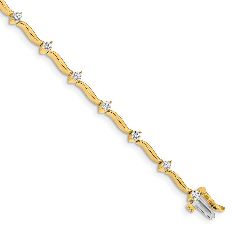 14K Yellow Gold Complete 1 Carat Round A Diamond 2 Prong Wavy Bar Link 7 Inch Tennis Bracelet