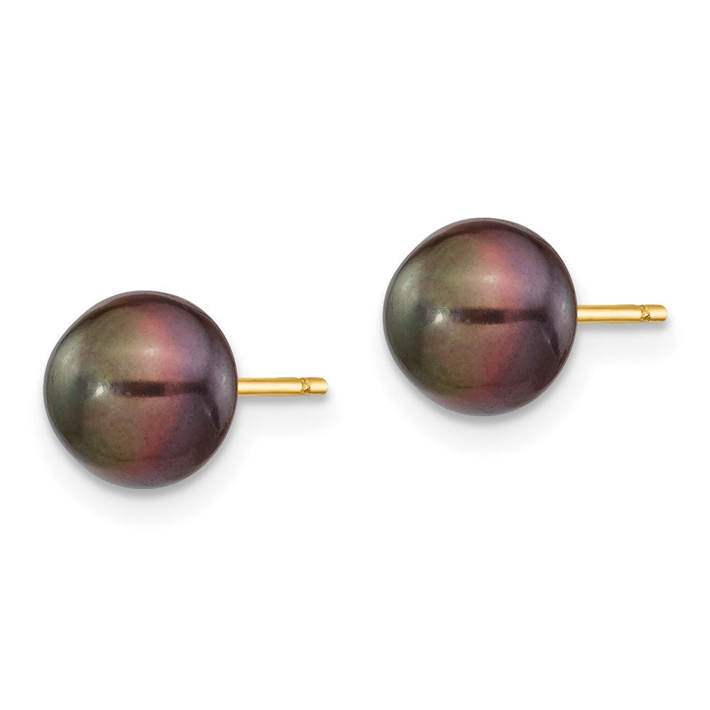14K Yellow Gold 7-8mm Black Button Freshwater Cultured Pearl Stud Post Earrings