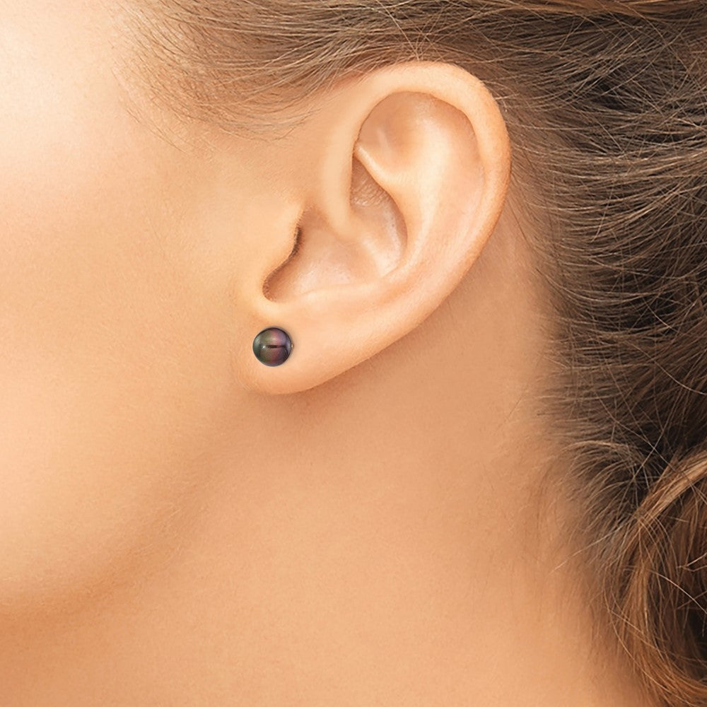 14K Yellow Gold 7-8mm Black Button Freshwater Cultured Pearl Stud Post Earrings