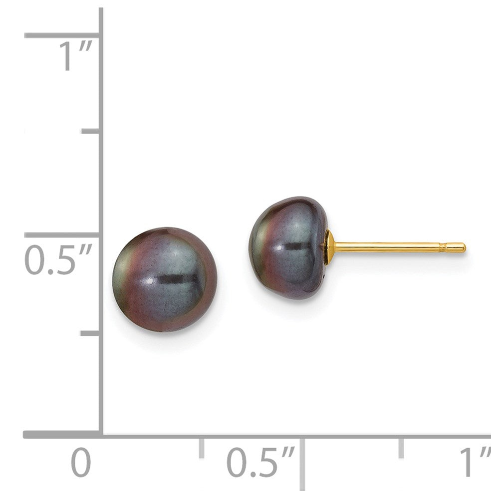 14K Yellow Gold 7-8mm Black Button Freshwater Cultured Pearl Stud Post Earrings
