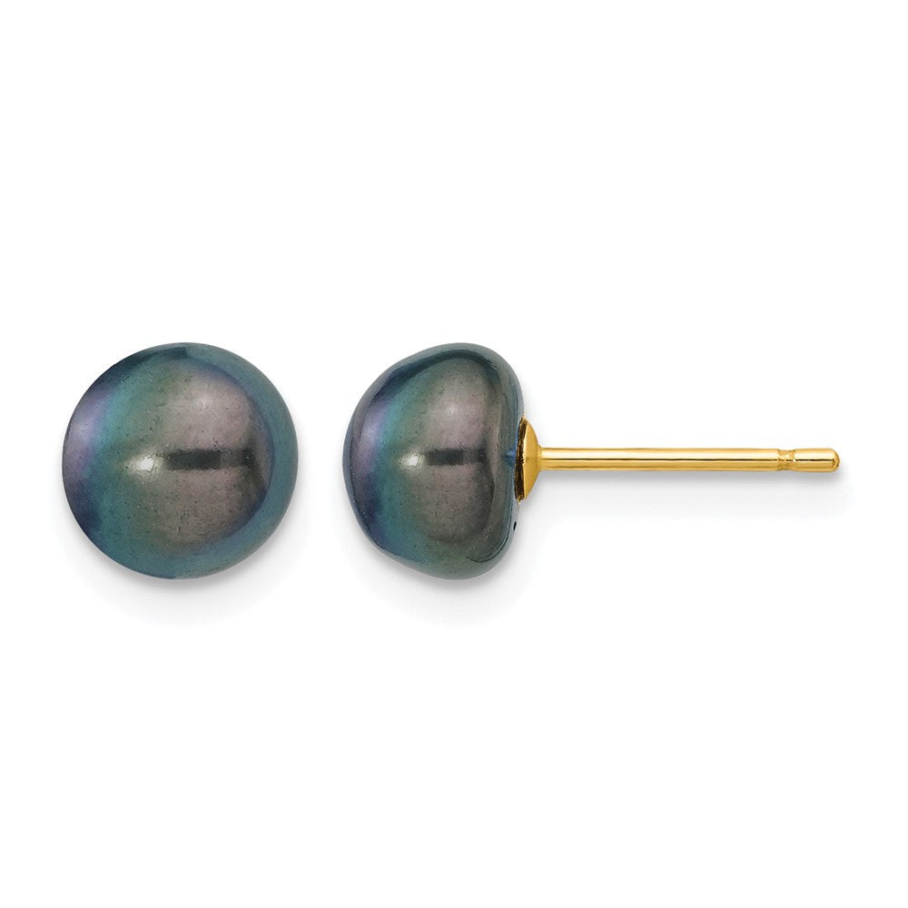 14K Yellow Gold 7-8mm Black Button Freshwater Cultured Pearl Stud Post Earrings