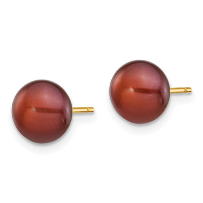 14K Yellow Gold 7-8mm Brown Button Freshwater Cultured Pearl Stud Post Earrings