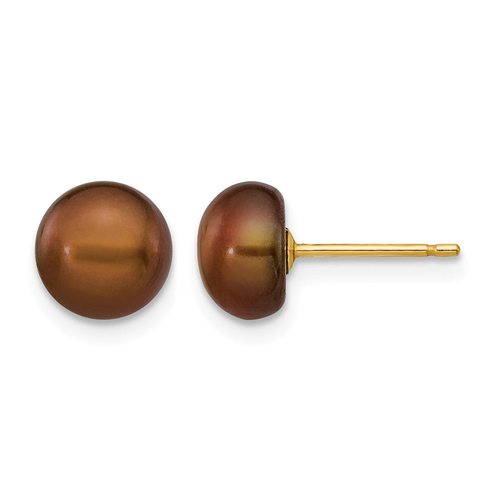 14K Yellow Gold 7-8mm Brown Button Freshwater Cultured Pearl Stud Post Earrings