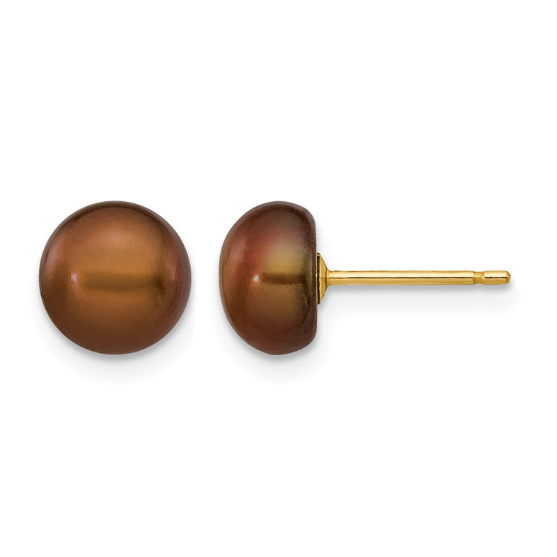 14K Yellow Gold 7-8mm Brown Button Freshwater Cultured Pearl Stud Post Earrings
