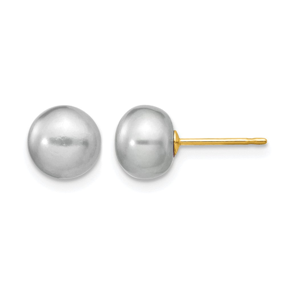 14K Yellow Gold 7-8mm Grey Button Freshwater Cultured Pearl Stud Post Earrings