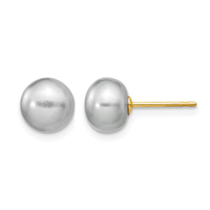 14K Yellow Gold 7-8mm Grey Button Freshwater Cultured Pearl Stud Post Earrings