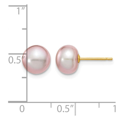 14K Yellow Gold 7-8mm Purple Button Freshwater Cultured Pearl Stud Post Earrings