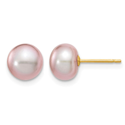 14K Yellow Gold 7-8mm Purple Button Freshwater Cultured Pearl Stud Post Earrings