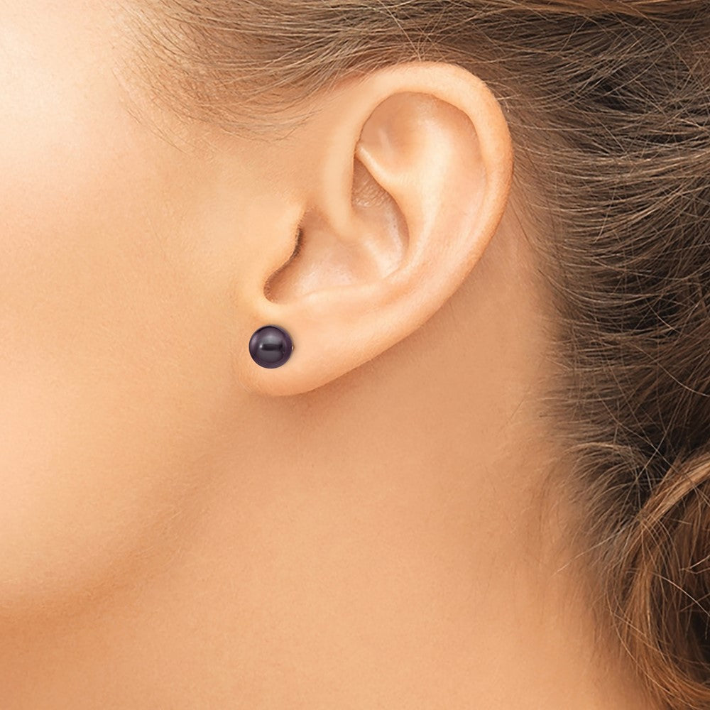 14K Yellow Gold 7 8mm Black Round Freshwater Cultured Pearl Stud Post Earrings