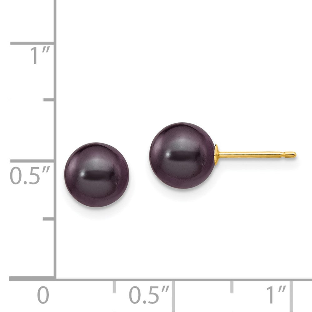 14K Yellow Gold 7 8mm Black Round Freshwater Cultured Pearl Stud Post Earrings