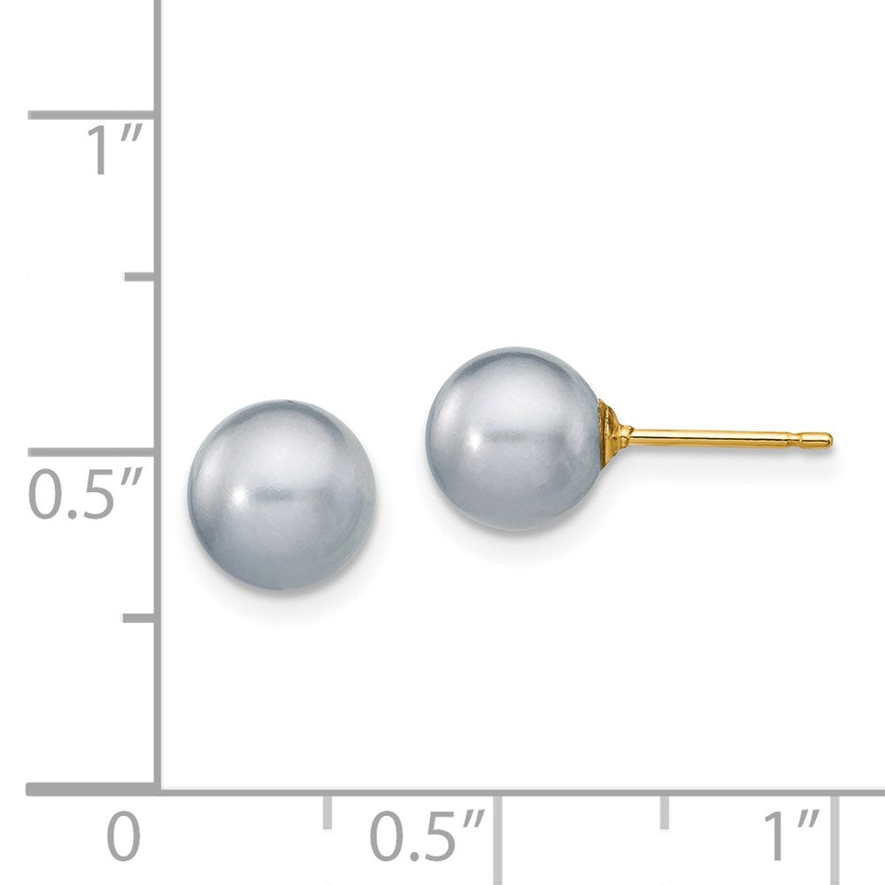 14K Yellow Gold 7 8mm Grey Round Freshwater Cultured Pearl Stud Post Earrings
