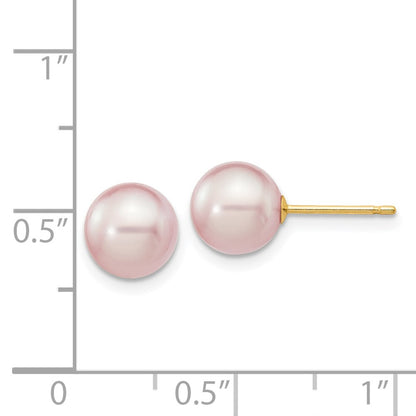 14K Yellow Gold 7 8mm Purple Round Freshwater Cultured Pearl Stud Post Earrings