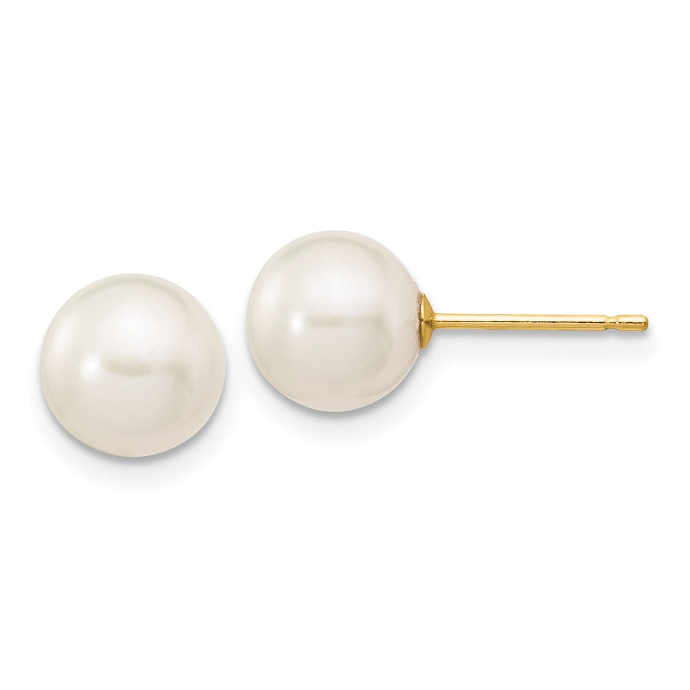 14K Yellow Gold 7 8mm White Round Freshwater Cultured Pearl Stud Post Earrings