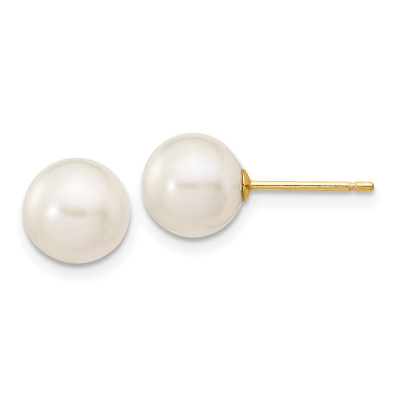 14K Yellow Gold 7 8mm White Round Freshwater Cultured Pearl Stud Post Earrings
