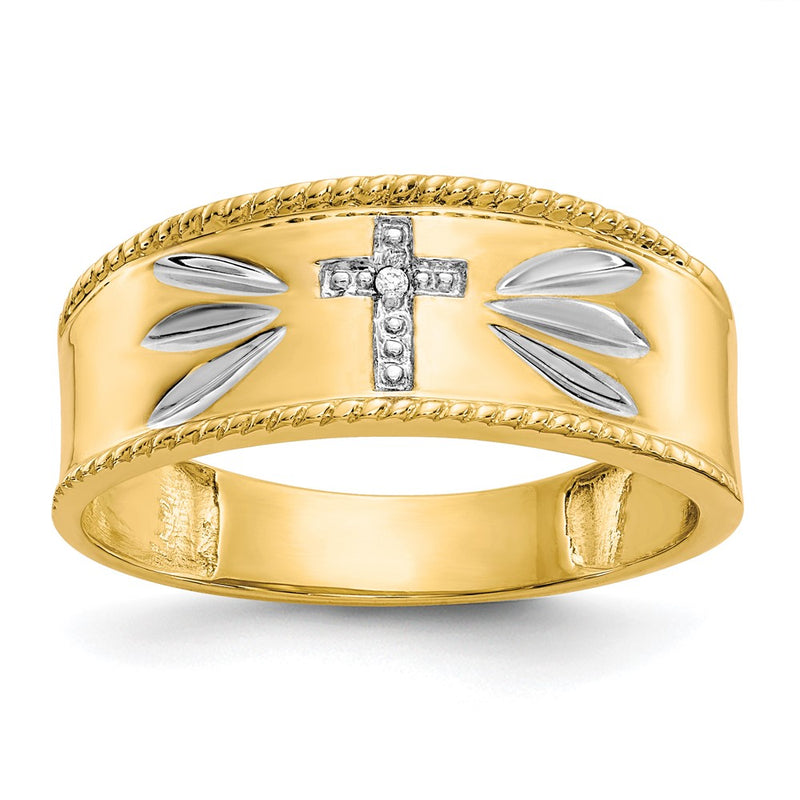 14K Yellow Gold with Rhodium Men's .01ct. Diamond Trio Cross Wedding Band Ring