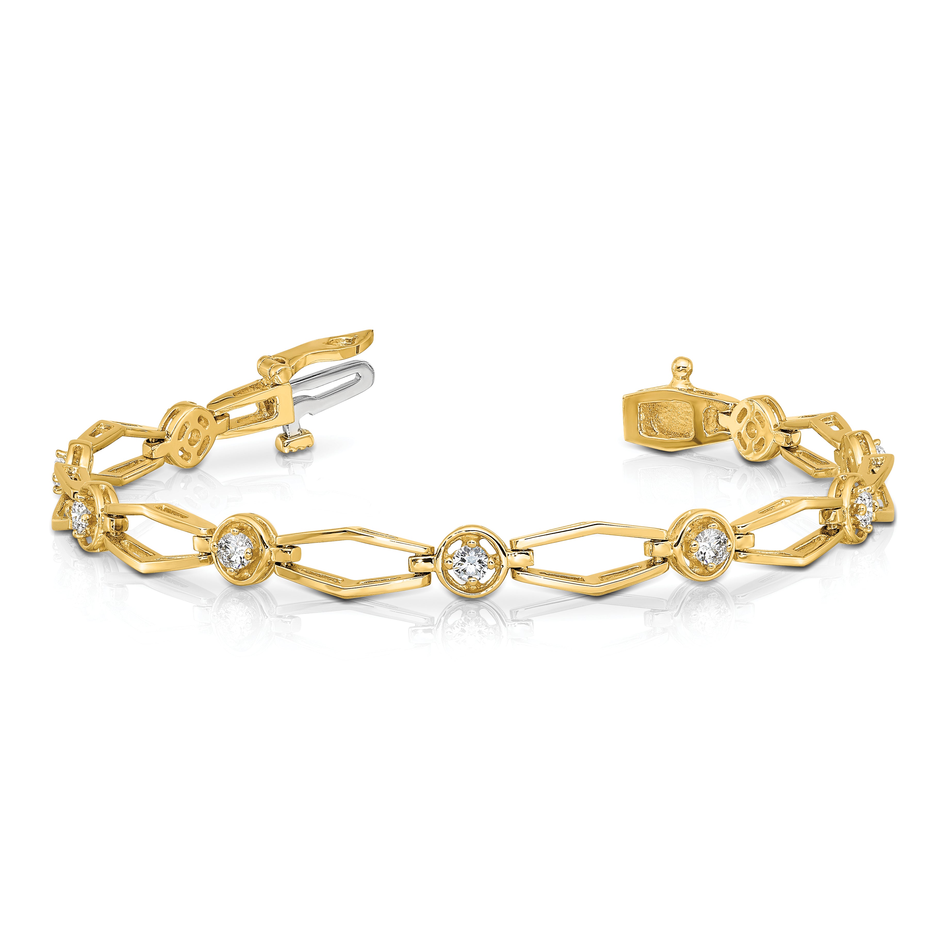 14K Yellow Gold Complete 3/4 Carat Round Aa Diamond Fancy Link 7 Inch Bracelet