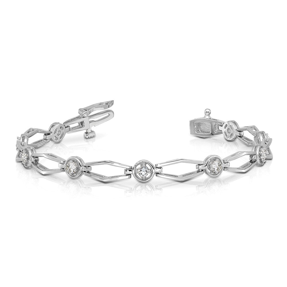 14K White Gold Complete 3/4 Carat Round A Diamond Fancy Link 7 Inch Bracelet