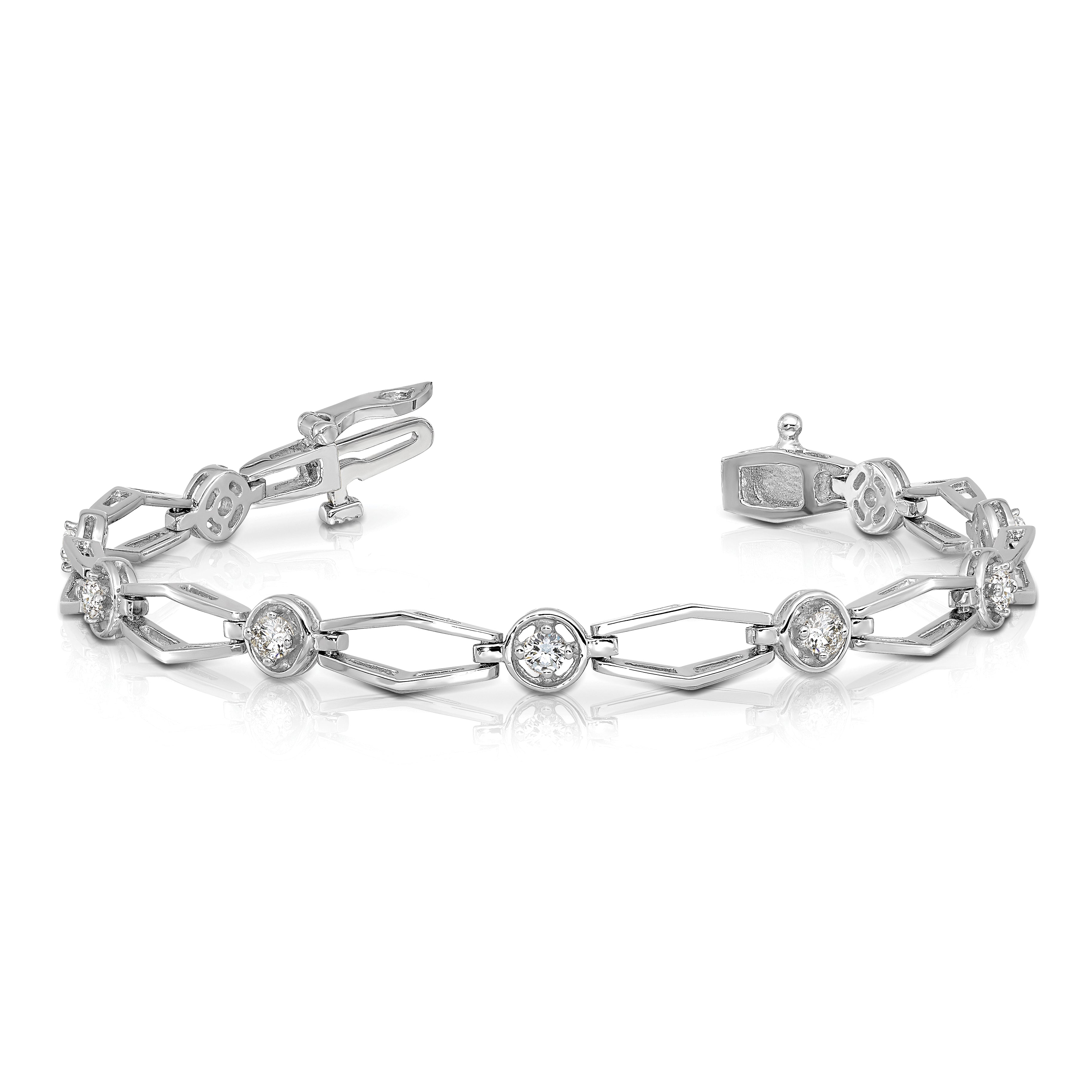 14K White Gold Complete 3/4 Carat Round Aa Diamond Fancy Link 7 Inch Bracelet