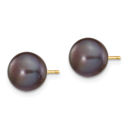14K Yellow Gold 8-9mm Black Button Freshwater Cultured Pearl Stud Post Earrings