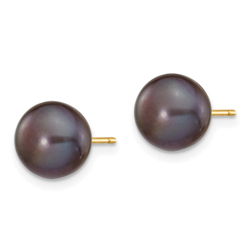 14K Yellow Gold 8-9mm Black Button Freshwater Cultured Pearl Stud Post Earrings