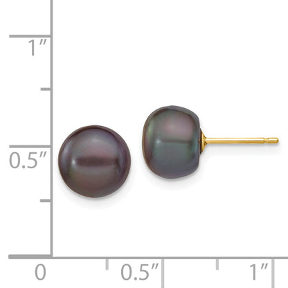 14K Yellow Gold 8-9mm Black Button Freshwater Cultured Pearl Stud Post Earrings