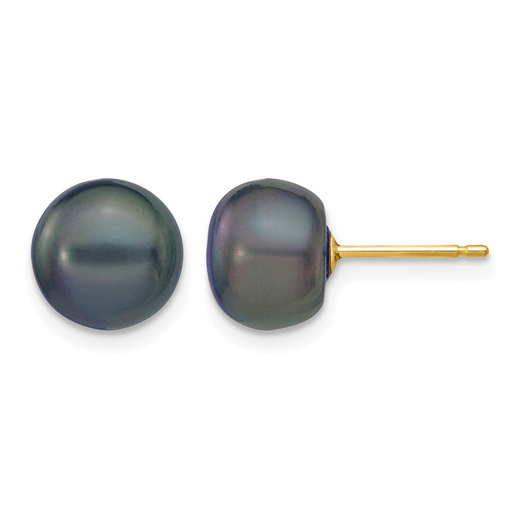 14K Yellow Gold 8-9mm Black Button Freshwater Cultured Pearl Stud Post Earrings