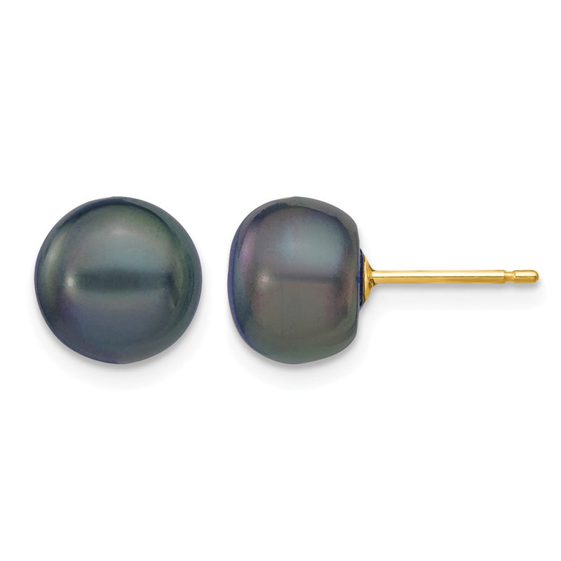 14K Yellow Gold 8-9mm Black Button Freshwater Cultured Pearl Stud Post Earrings