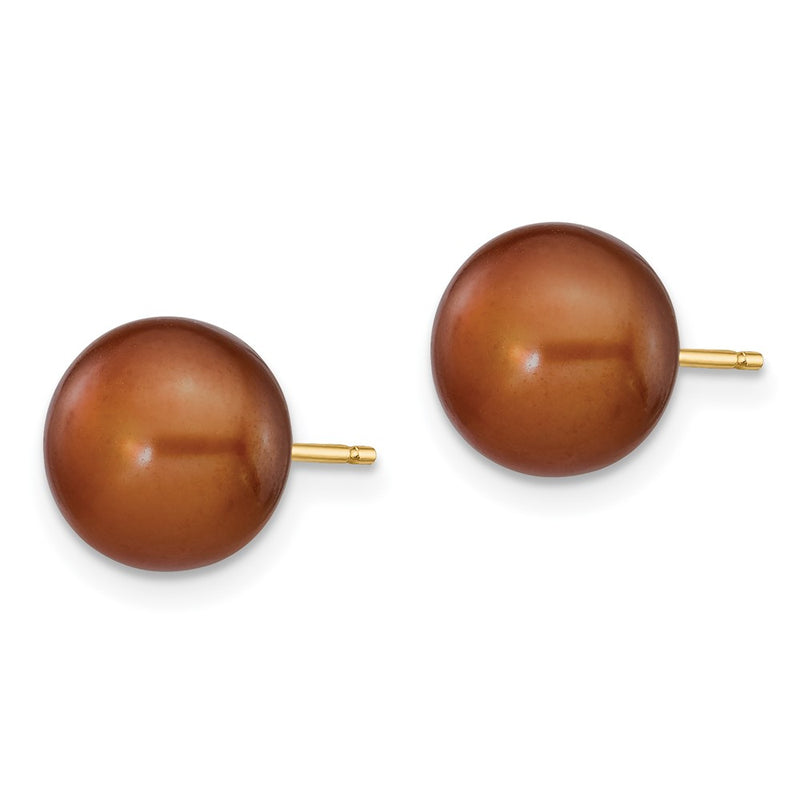 14K Yellow Gold 8-9mm Brown Button Freshwater Cultured Pearl Stud Post Earrings
