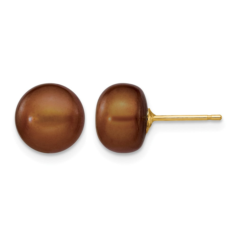 14K Yellow Gold 8-9mm Brown Button Freshwater Cultured Pearl Stud Post Earrings