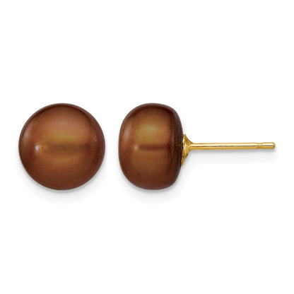 14K Yellow Gold 8-9mm Brown Button Freshwater Cultured Pearl Stud Post Earrings
