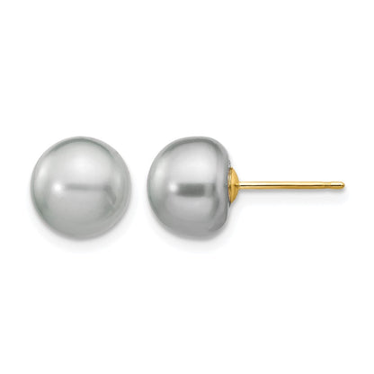 14K Yellow Gold 8-9mm Grey Button Freshwater Cultured Pearl Stud Post Earrings