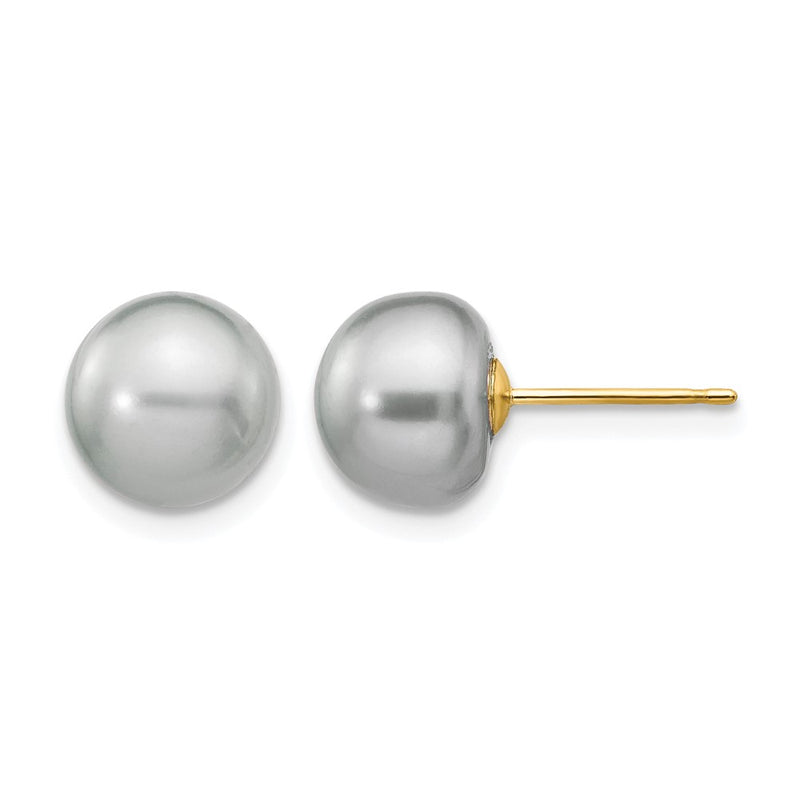 14K Yellow Gold 8-9mm Grey Button Freshwater Cultured Pearl Stud Post Earrings