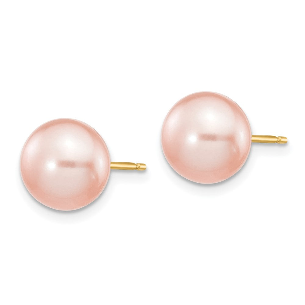 14K Yellow Gold 8-9mm Pink Button Freshwater Cultured Pearl Stud Post Earrings