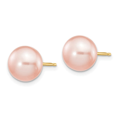 14K Yellow Gold 8-9mm Pink Button Freshwater Cultured Pearl Stud Post Earrings