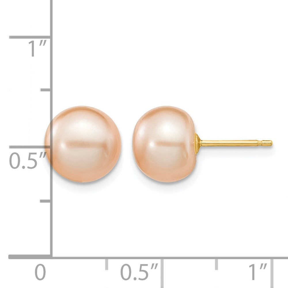14K Yellow Gold 8-9mm Pink Button Freshwater Cultured Pearl Stud Post Earrings