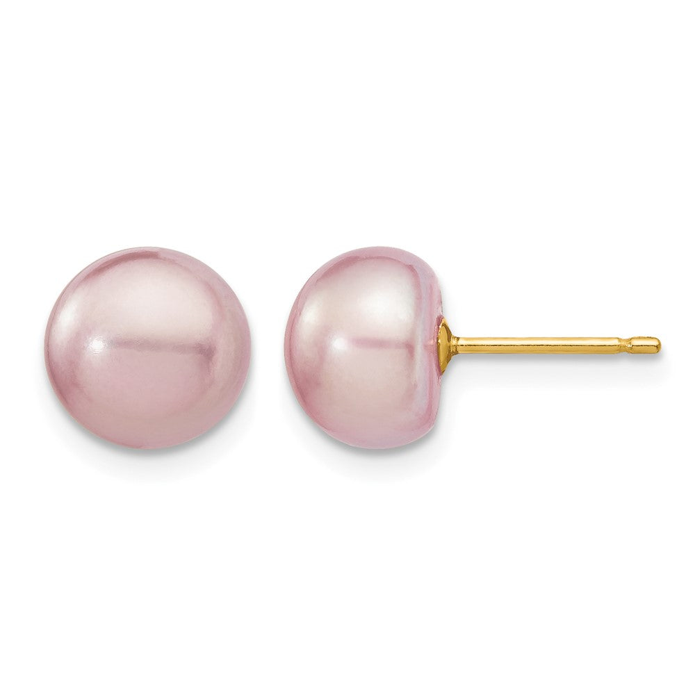 14K Yellow Gold 8-9mm Purple Button Freshwater Cultured Pearl Stud Post Earrings