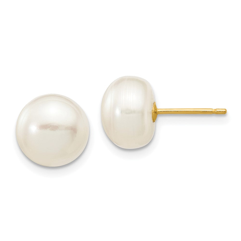 14K Yellow Gold 8 9mm White Button Freshwater Cultured Pearl Stud Post Earrings