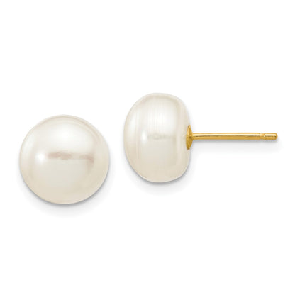 14K Yellow Gold 8 9mm White Button Freshwater Cultured Pearl Stud Post Earrings