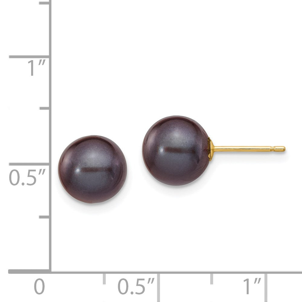 14K Yellow Gold 8 9mm Black Round Freshwater Cultured Pearl Stud Post Earrings