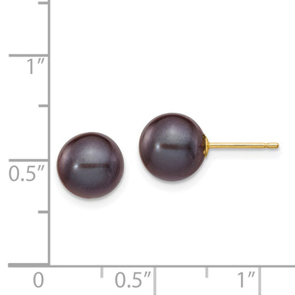 14K Yellow Gold 8 9mm Black Round Freshwater Cultured Pearl Stud Post Earrings