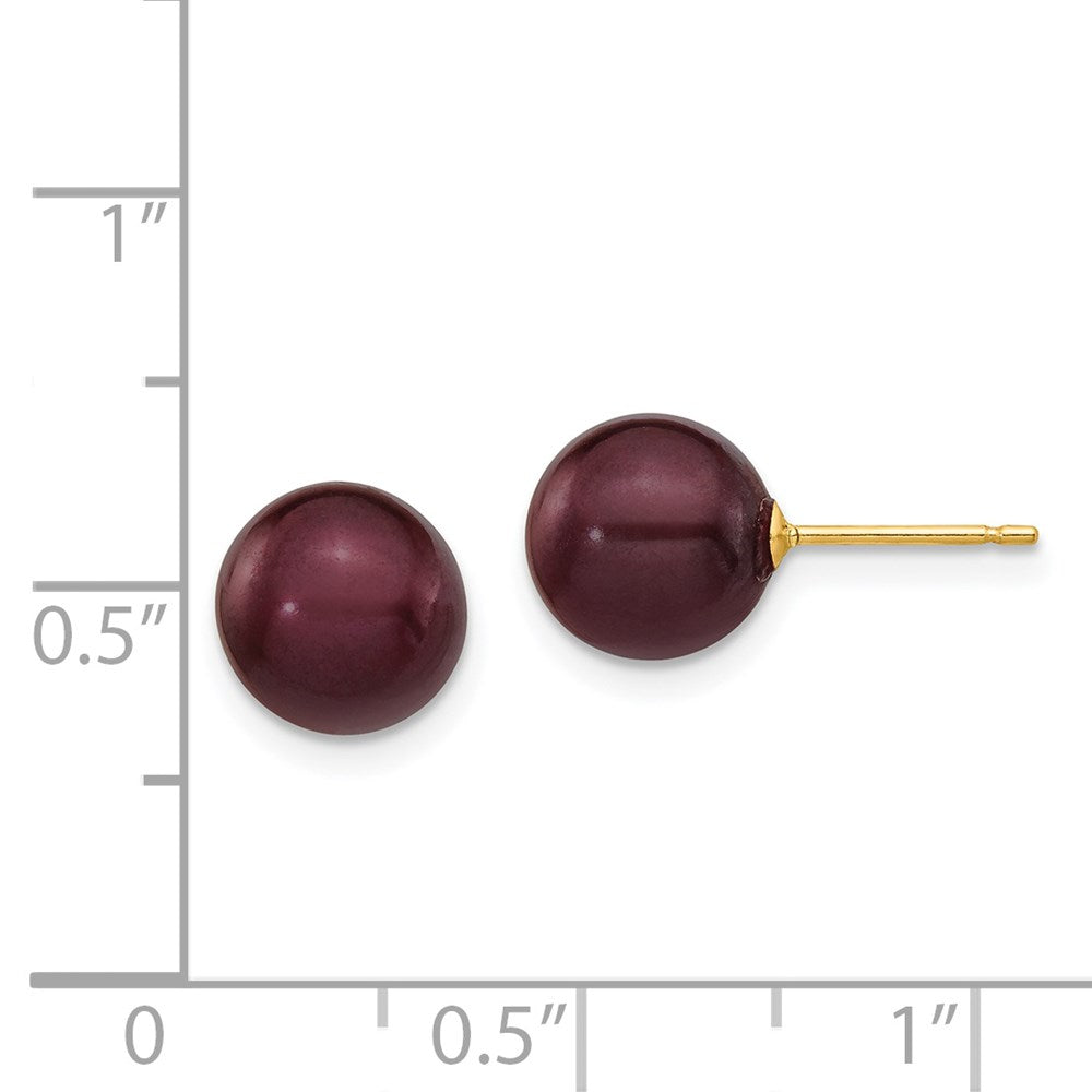 14K Yellow Gold 8 9mm Brown Round Freshwater Cultured Pearl Stud Post Earrings