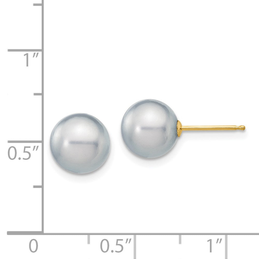 14K Yellow Gold 8 9mm Grey Round Freshwater Cultured Pearl Stud Post Earrings