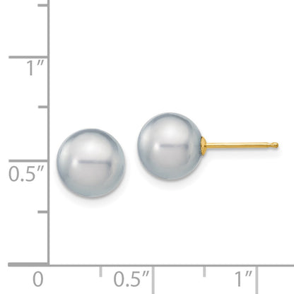 14K Yellow Gold 8 9mm Grey Round Freshwater Cultured Pearl Stud Post Earrings