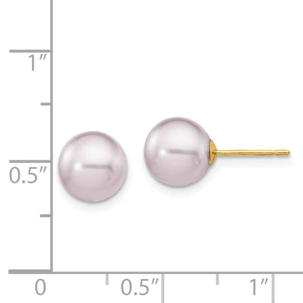 14K Yellow Gold 8 9mm Purple Round Freshwater Cultured Pearl Stud Post Earrings