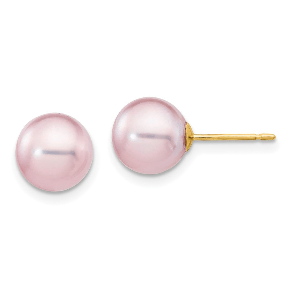14K Yellow Gold 8 9mm Purple Round Freshwater Cultured Pearl Stud Post Earrings