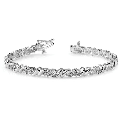 14K White Gold Complete 2.88 Carat Round Aa Diamond Fancy Swirl 7 Inch Tennis Bracelet