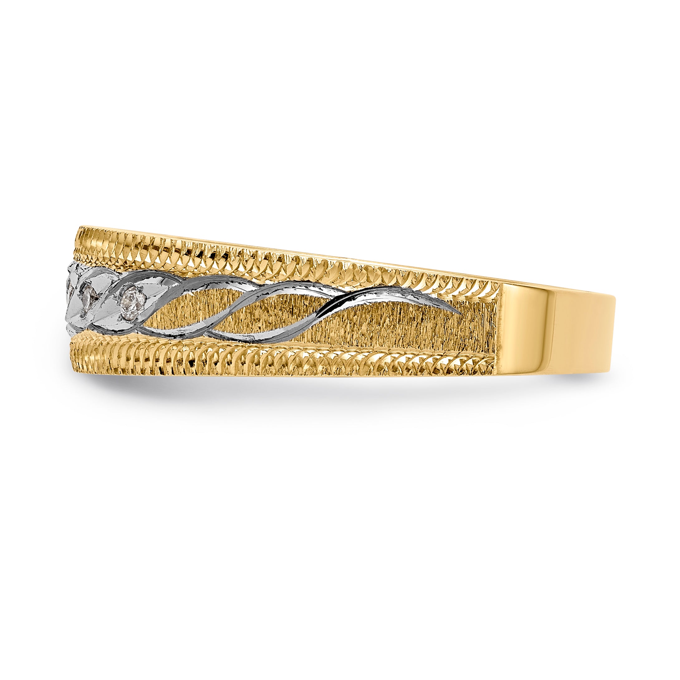 14K Yellow Gold And Rhodium Aa Quality 1/20 Carat Diamond Trio Mens Complete Wedding Band