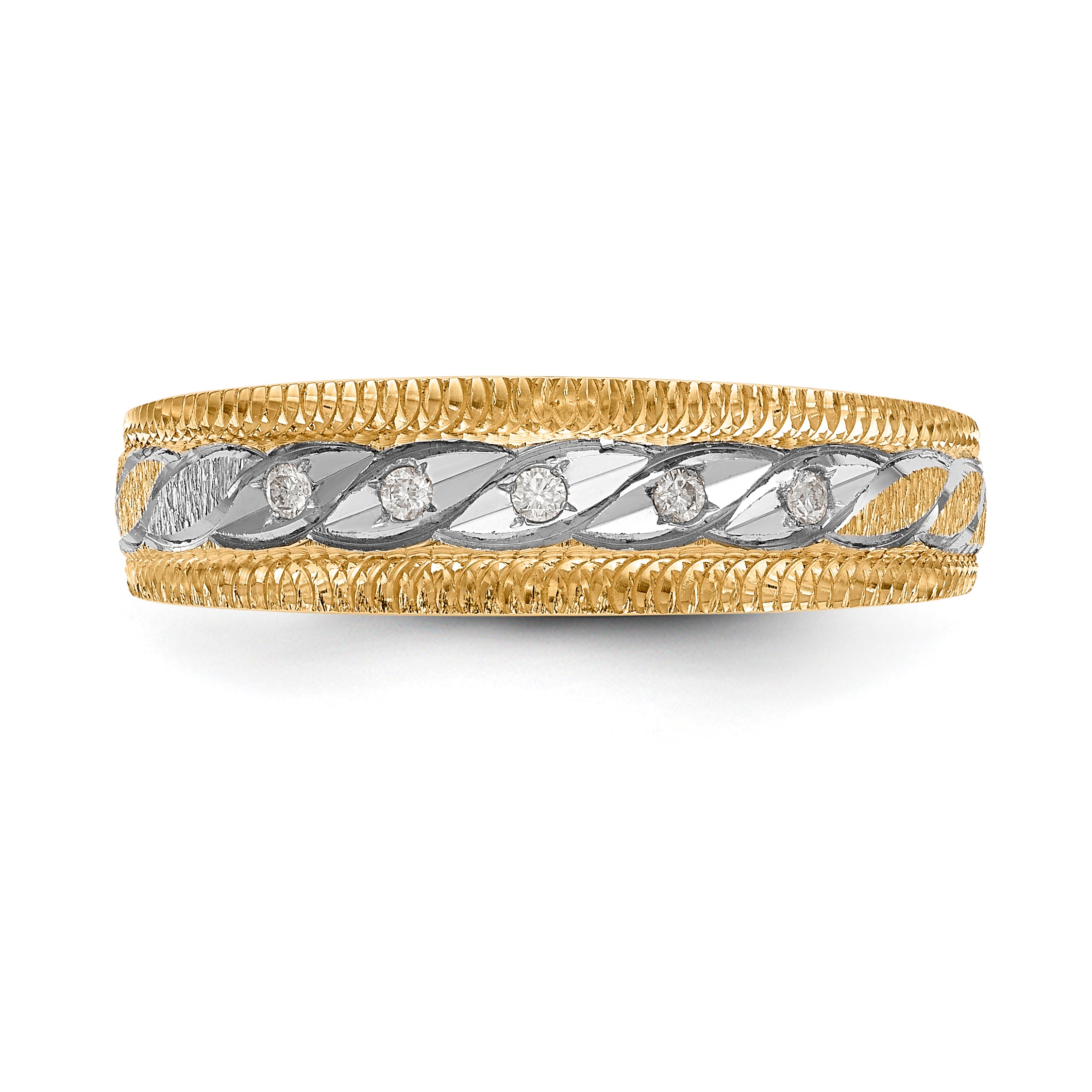 14K Yellow Gold And Rhodium Aa Quality 1/20 Carat Diamond Trio Mens Complete Wedding Band